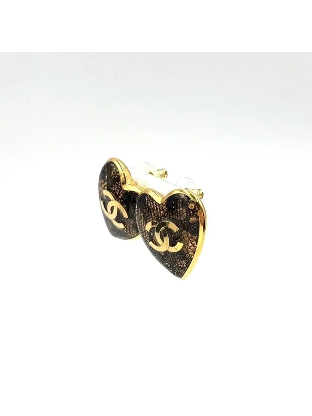 Chanel CC Logo Heart Motif Metal Resin Gold Earrings